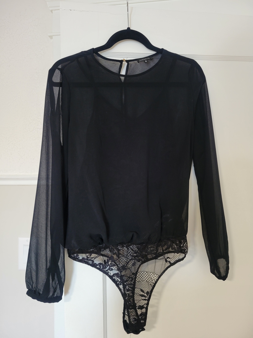Dynamite Black Sheer Long-Sleeve Lace Hem Bodysuit